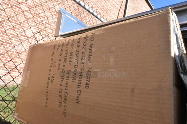 Cardboard box labeled with item number 7424740, containing folding chair, white seat, grey legs, 19"x22"x32.6". Made in China.
