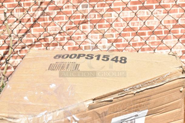 Cardboard box with label "600PS1548," indicating a new scratch and dent auction item, including chafers and pot rack.