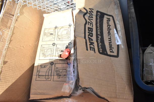 Rubbermaid WaveBrake box with chafers and pot rack, new scratch and dent condition, visible instructions, quantity 13.