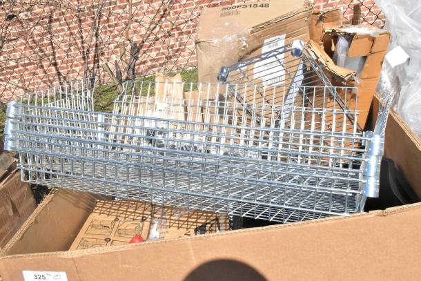 13 new scratch and dent items including metal wire baskets and packaging in cardboard box. Suitable for catering use.