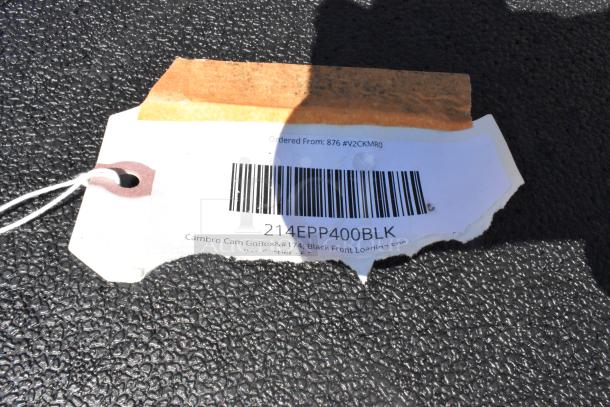 Barcode label showing "214EPP400BLK," identifying a Cambro Cam GoBox black front-loading food pan carrier.