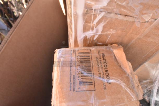 9 new items: shelf, table base, work table, in packaging. Scratch and dent condition. Label reads #164TCLRD0107, made in China.