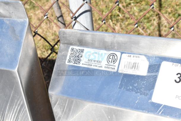 Commercial 3 bay sink with dual drain boards, featuring GSW branding and ETL certification label SEE18183D.