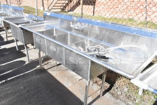 Commercial 3 bay stainless steel sink with dual drain boards, labeled wash, rinse, sanitize; includes faucet and spray hose.