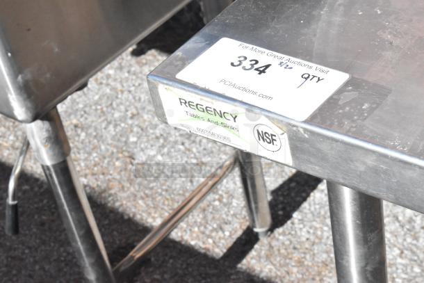 Regency 600TSB3036S commercial table with under shelf, stainless steel, NSF certification, sturdy legs, light wear visible.