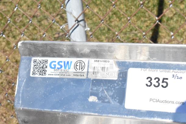 Barcode label on Commercial 3 Bay Sink with dual drain boards, model SEE18183D by GSW, with ETL certification marks.