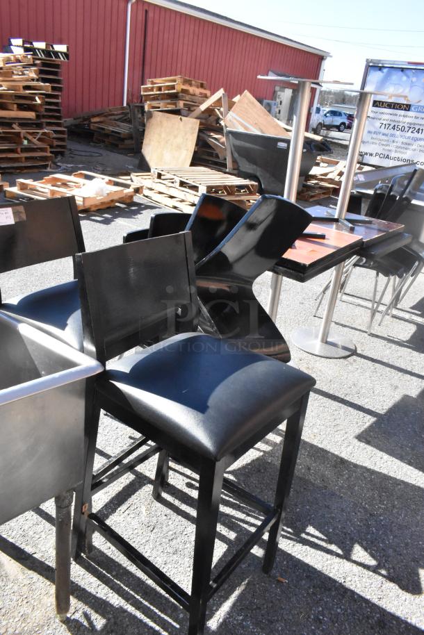 Set of 14 chairs: 2 bar height, 8 dining height, and 4 tables. Black finish, used condition. Auction lot, 14 times bid.