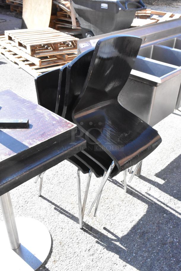 Set of 14 chairs and 4 tables, including 2 bar height chairs and 8 dining chairs. Black seats, metal legs. Auction set.