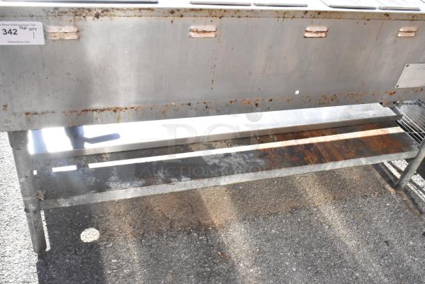 Commercial 4 bay steam table with under shelf, showing rust and wear. Tag labeled "342" visible.