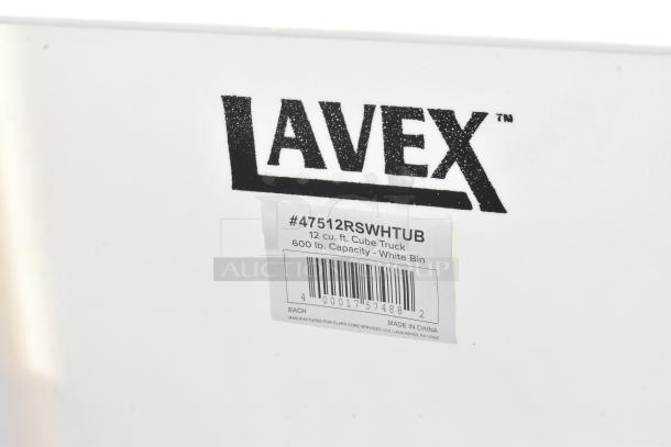 Lavex 47512RSWHTUB 12 cu. ft. cube truck, brand new with minor scratches, 600 lb. capacity, white bin, visible label.