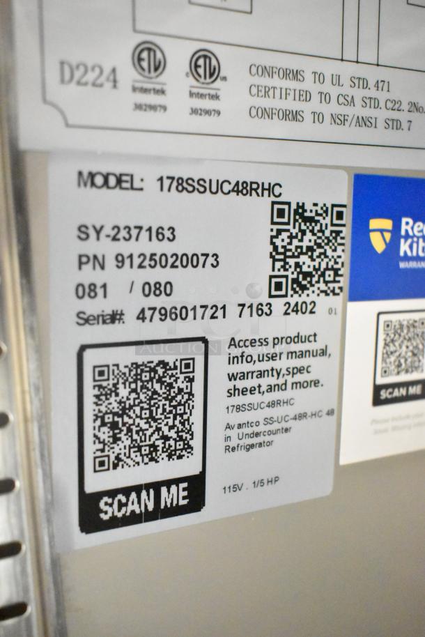 2024 Avantco 178SSUC48RHC 2 Door Undercounter Cooler label, 115V, 1 Phase, model and serial numbers detailed, brand new condition.