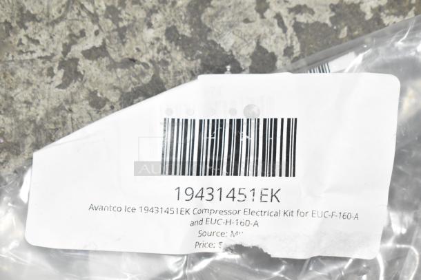 Alt text: Avantco Ice 19431451EK Compressor Electrical Kit label, shows minor wear. Bar code visible. Kit fits EUC-F-160-A, EUC-H-160-A models.