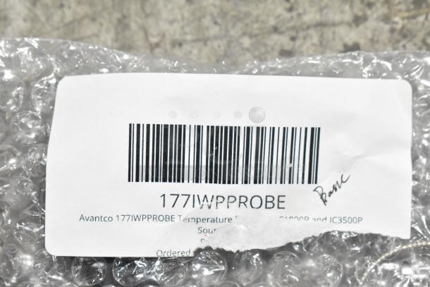Alt text: Avantco 177IWPPROBE temperature probe, labeled with barcode, wrapped in bubble wrap. Condition: Scratch and dent.