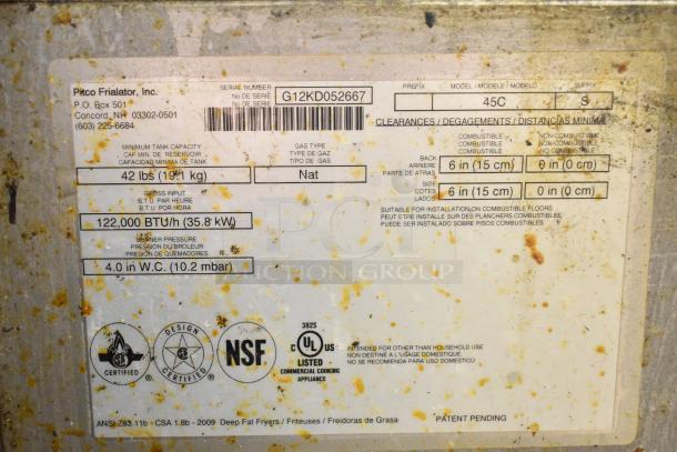 Pitco Frialator 45C commercial fryer label. Natural gas, 122,000 BTU, NSF certified. Model, serial, and safety info displayed.