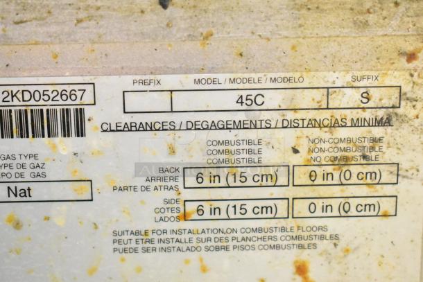 Pitco Frialator 45C fryer label showing model number, gas type as natural, and clearance requirements for installation.