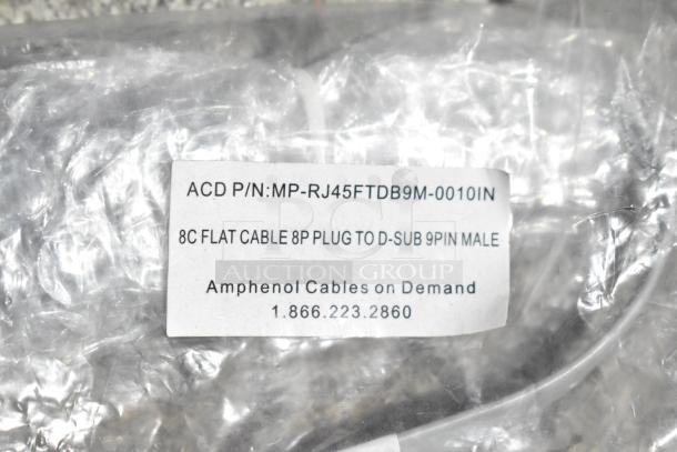 Lot of various items including Flojet 20578007C hardware and cords. Label shows 8C flat cable by Amphenol, contact number included.