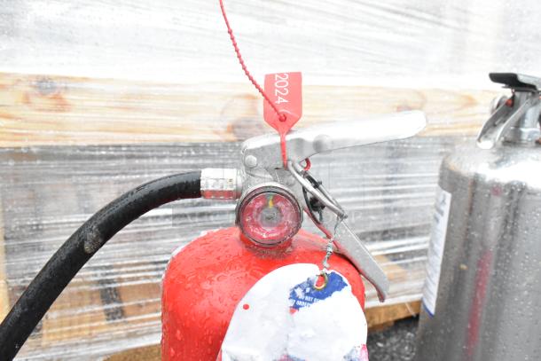 Two fire extinguishers, one red with a pressure gauge and a red seal marked "2024," showing signs of outdoor wear for local pickup only.