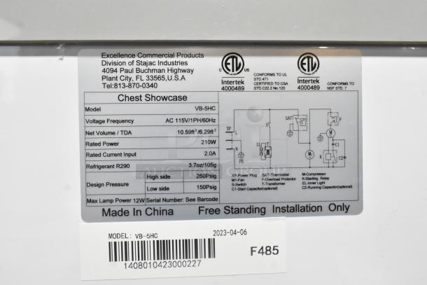 Alt text: Excellence 215VB5LHC Curved Lid Display Freezer, 12.9 cu. ft., 115V, 1 Phase, scratch and dent, model VB-5HC.