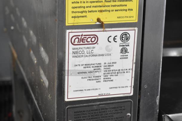2022 Nieco FH94G Propane Conveyor Charbroiled Burger Grill; commercial-grade, durable, with manufacturer label shown.