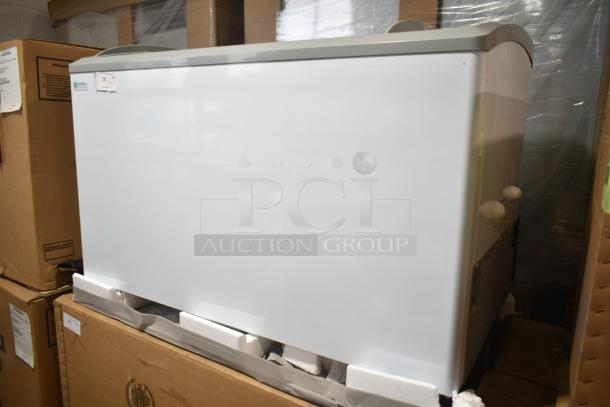 Brand new Excellence 215VB5LHC commercial freezer, 12.9 cu. ft., scratch and dent, with curved lid, 115 volts, 1 phase.