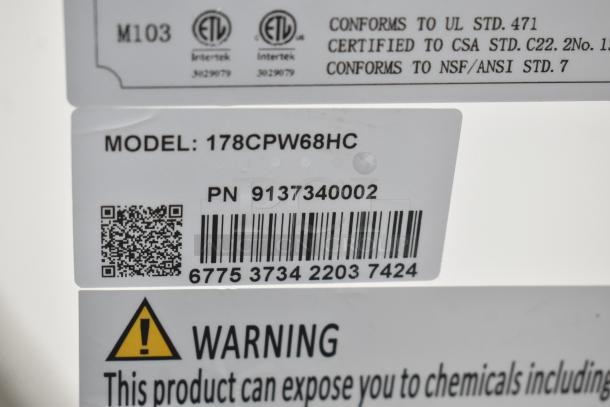 Barcode and label on Avantco 178CPW68HC ice cream cabinet, showing standards, QR code, and warnings; new, scratch and dent condition.