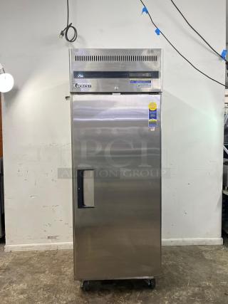 EVEREST ESF1 commercial-grade reach-in freezer, stainless steel, single section, model tag visible. Great condition.