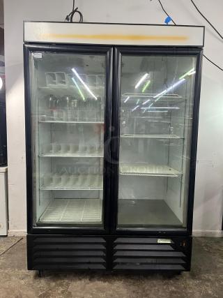 EDESA Double Door Commercial Merchandiser, model EDMO-49, glass doors, spacious interior, good condition, visible wiring.
