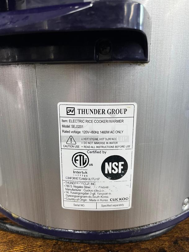 Thunder Group SEJ3201 stainless steel 30-cup rice cooker/warmer, NSF/ETL certified, label shows specifications and certifications.