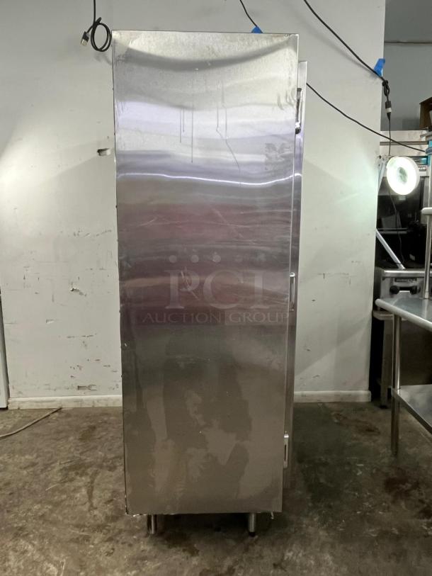 GLENCO 2 Door Commercial Freezer, Model SLA-28-S, silver finish, standing upright, in good condition.