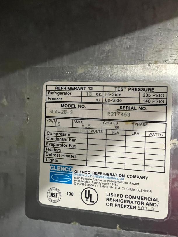GLENCO 2 Door Commercial Freezer, Model SLA-28-S, NSF and UL listed, 115 volts, 6.5 amps, 60 cycles, 1 phase.