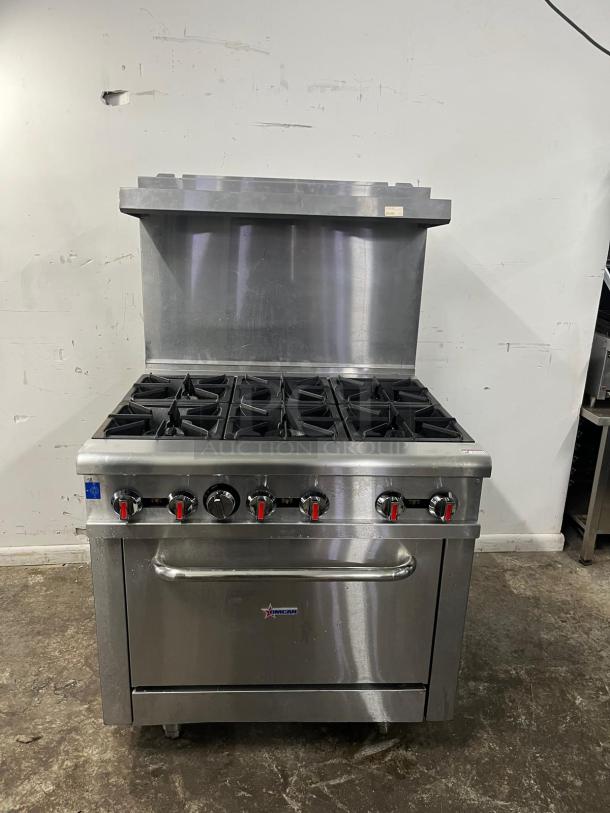 Brand new Omcan 43151 36" gas commercial range with 6 open burners, 211,000 BTU, stainless steel, excellent condition.