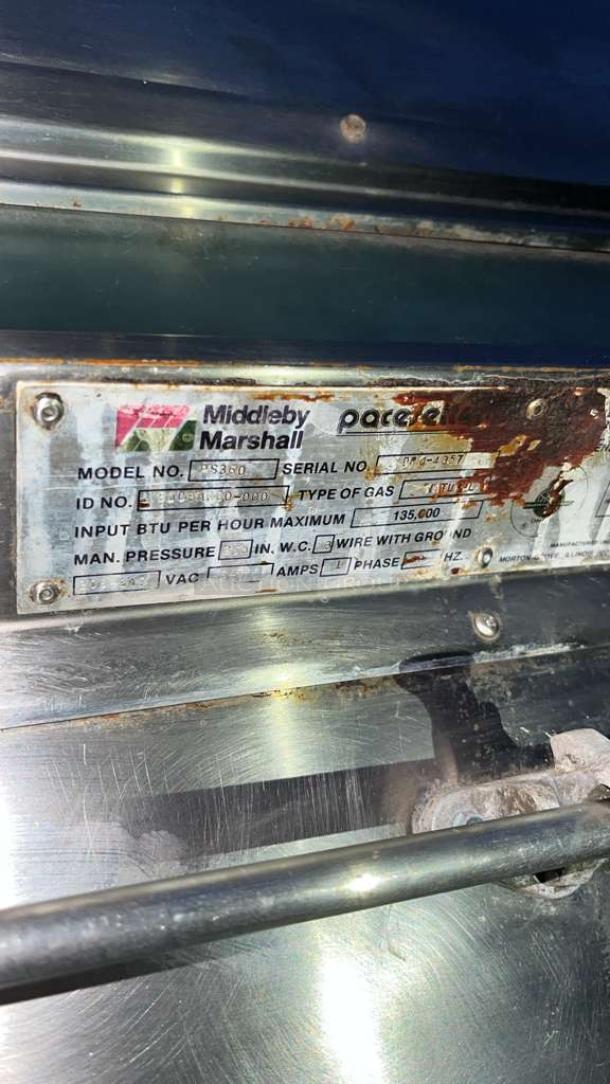 Middleby Marshall PS360G gas-fired conveyor oven label, showing model and serial number, designed for high-volume cooking.