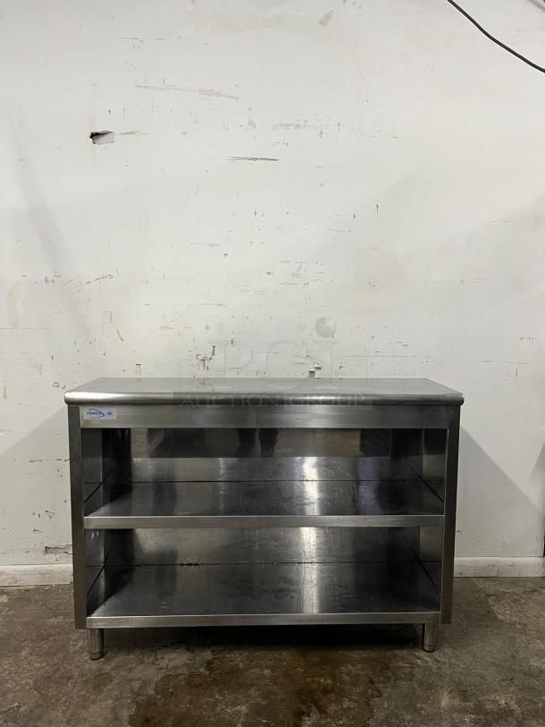 YUKON stainless steel storage dish cabinet, model 120-YDC1548418, with open front, two shelves, and minimal wear.