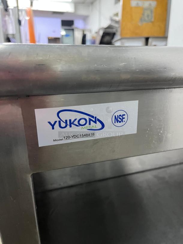 Stainless steel storage dish cabinet by Yukon, model 120-YDC1548418, open front, NSF certified, visible product label.