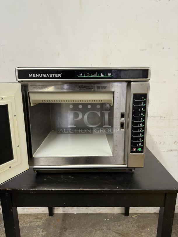 MENUMASTER RC17S2 19" commercial microwave, 1700 watts, stainless steel, digital controls, open door view, good condition.