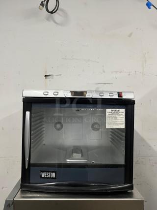 BRAND NEW Weston Pro-1200 12-tray Digital Dehydrator (80L), model PRO-1200, shown with control panel and interior view.