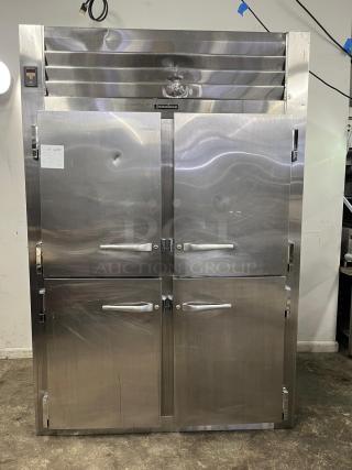 Traulsen RHT232NUT-HHS stainless steel refrigerator, 46 cu. ft., two-section, half door, narrow model, specification line.