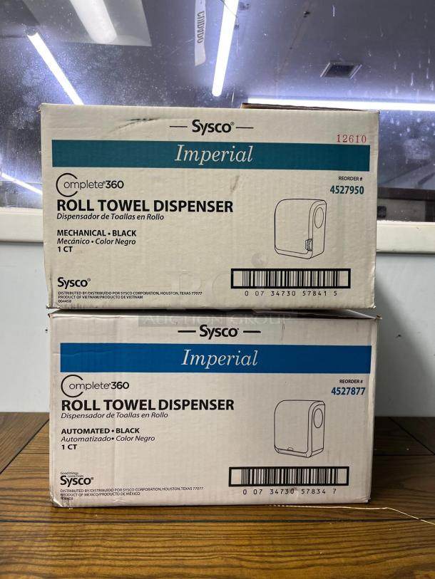 SYSCO Imperial Complete 360 Automated Roll Towel Dispenser in black, Model 4527877, new in box, reorder 4527877.