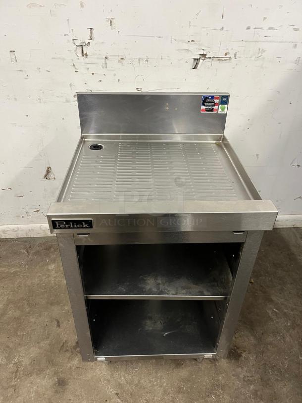 Perlick SC24-18 24" stainless steel storage cabinet, open base, two shelves, Perlick logo, good condition.