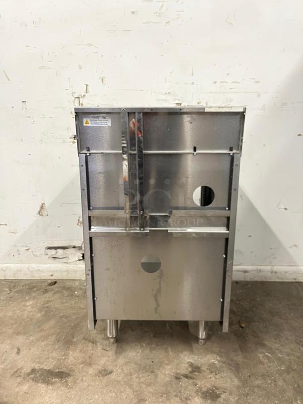 Perlick SC24-18 24" storage cabinet with open base, stainless steel, shelves visible, commercial use, condition shows wear.