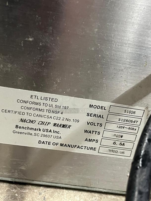 Benchmark USA 51026 tortilla chip warmer, 26-gallon, 120V, 780W. ETL listed, serial 51260547. Used condition.