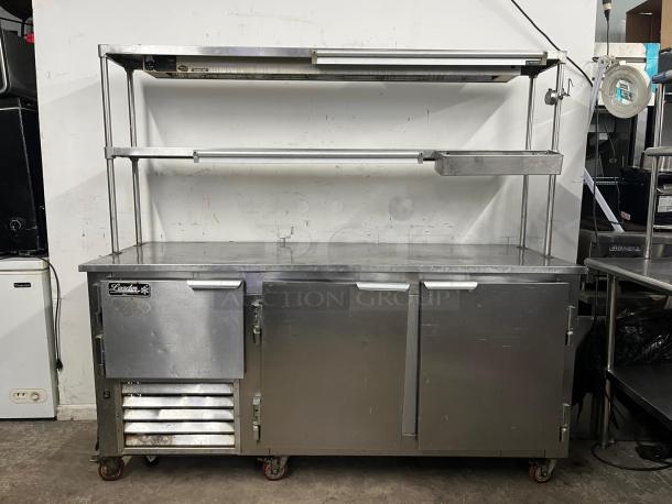 LEADER LB72 worktop refrigerator, 72" low boy, 2 full & 1/2 doors, double shelves, heat lamp, stainless steel, used condition.