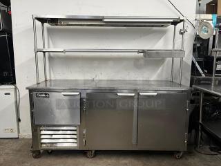LEADER LB72 worktop refrigerator, 72" low boy, 2 full & 1/2 doors, double shelves, heat lamp, stainless steel, used condition.