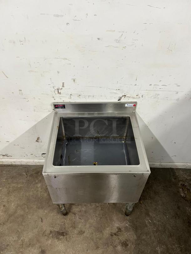 24-inch stainless steel ice bin by COLD PLATE, features a drain, used condition, visible wear, suitable for bar setups.