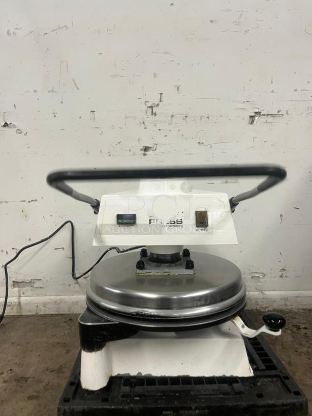 DOUGH PRO Pizza Press DP1100, white with black handle, used condition, visible power switch and branding label.