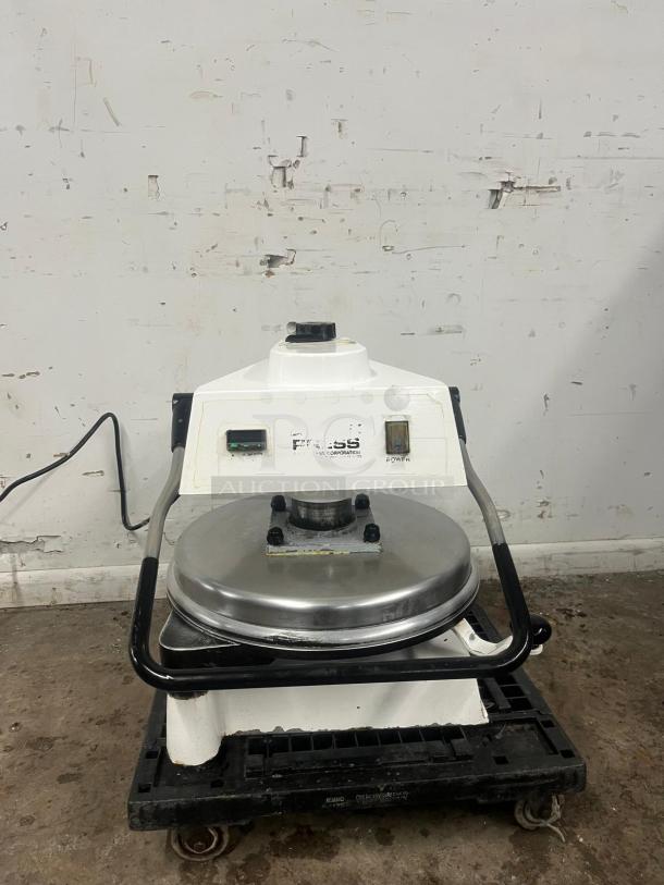 DOUGH PRO PIZZA PRESS DP1100, metal and plastic construction, visible wear, model DP1100, on wheeled base.
