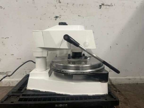 DOUGH PRO PIZZA PRESS DP1100, white, sturdy lever, stainless steel plate, used condition, electric cord visible.