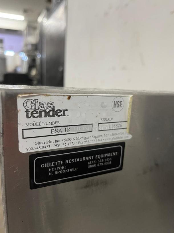 Glastender BSA-18L stainless steel underbar blender station, 18"W x 24"D. Model BSA-18, serial #118826, NSF certified.