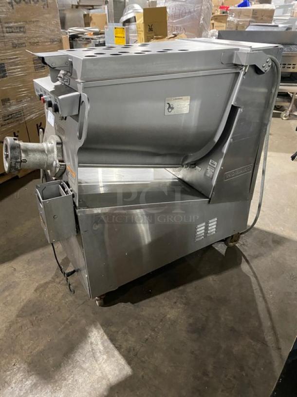Hobart MG1532-1 commercial meat mixer/grinder, 150 lb capacity, electric, 208V, 3 phase, with air-drive foot switch, on casters.
