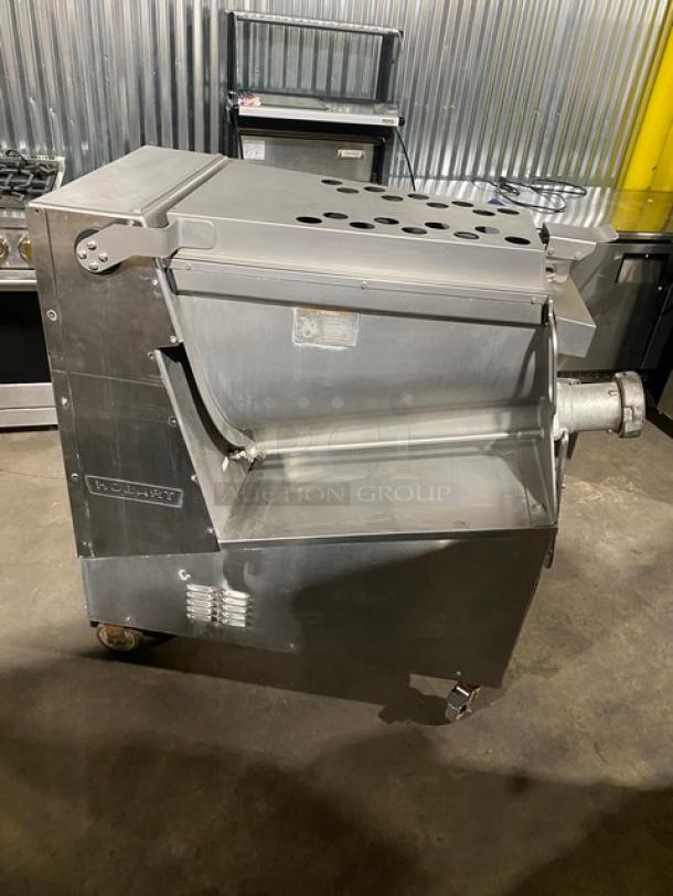 Hobart MG15321 commercial meat mixer/grinder with 150 lb capacity, air-drive foot switch, excellent condition, on casters.